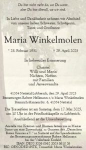 Trauerkarte Maria Winkelmolen