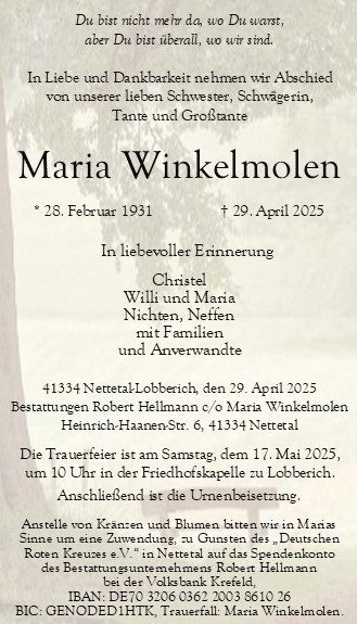 Trauerkarte Maria Winkelmolen